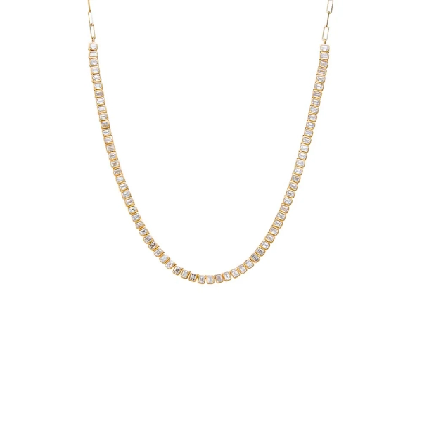 Diamond Bezel Baguette Half Tennis Necklace 14K