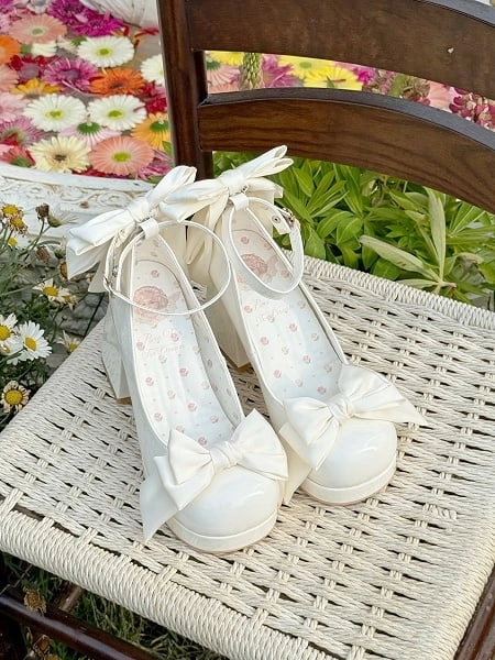 [$62.00]White Bowknot Details Round Toe Platform Mary Janes Sweet Shoes