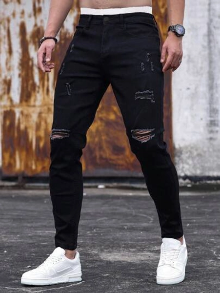 Manfinity LEGND Men Cotton Ripped Frayed Skinny Jeans