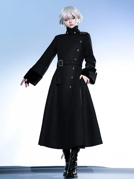 [$119.00]Black Ouji Lolita Stand Collar High Neck Woolen Coat