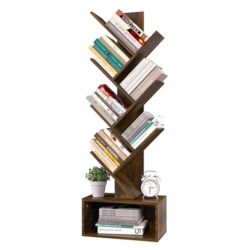 Yoobure Tree Bookshelf - 6 Shelf Retro Floor Standing Bookcase, Tall Wood Book Storage Rack for CDs/Movies/Books, Utility Book Organizer Shelves for Bedroom, Living Room, Home Office - Rustic Brown