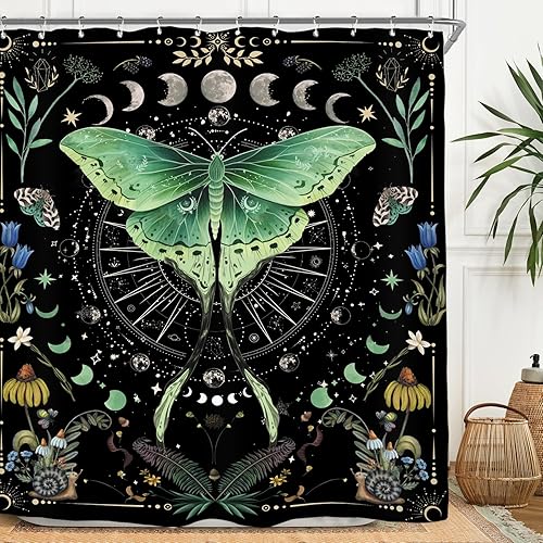 Miyotaa Moth Witchy Gothic Shower Curtain Set 71Wx71H Inches Moon Phase Teal Wildflower Plant Mysterious Night Moonlit Butterfly Botanical Tarot Polyester Bathroom Curtain with 12 Hooks - 71"W x 71"L (Pack of 1) - Teal Butterfly