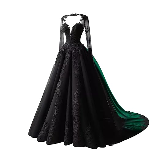 TRHTX A-line Lace Gothic Wedding Dresses for Bride Long Sleeve Black Bridal Gowns Applique V Neck Wedding Gowns with Train - Green - 2