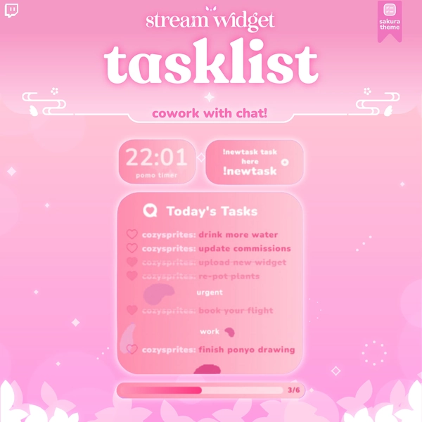 Task Widget | Coworking with Pomodoro Timer | Tasklist for Coworking | Subathon | Streamelements | Pastel Pink | Widget for Twitch Streams
