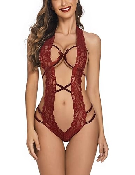 Deep V Halter Lingerie Teddy One Piece Bodysuit Lace Babydoll