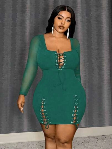 SHEIN Slayr Plus Size Street Style Black Spaghetti Strap Ribbed Knotted Bodycon Mesh Long Sleeves Mini Dress