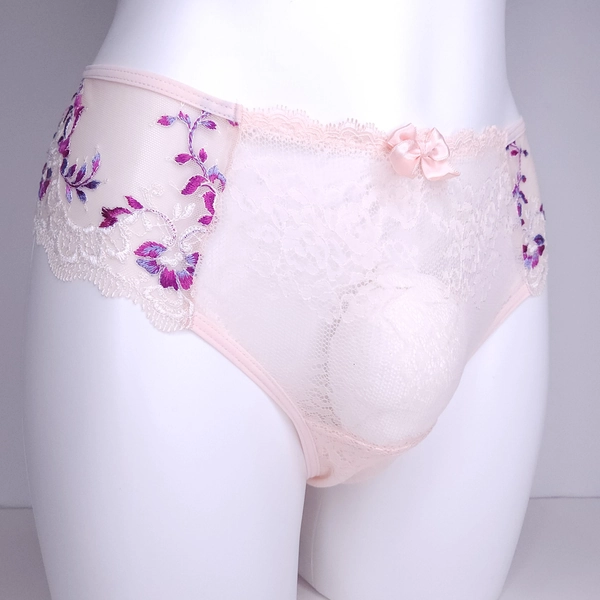 See Through Lace Thongs and Bikini Panties in warm apricot color. Sissy ultra soft mesh lace lingerie set bottom.