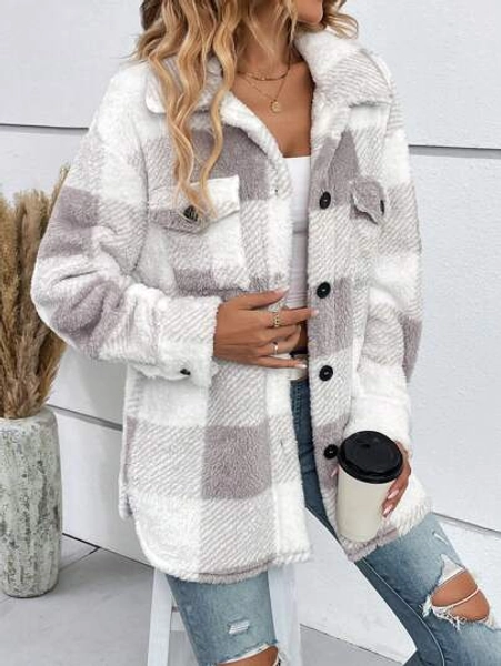 SHEIN LUNE Buffalo Plaid Print Drop Shoulder Flap Pocket Fuzzy Coat