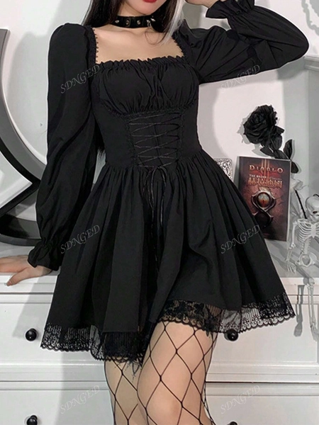 Spring & Fall Elegant Lace Patchwork Tie-Waist A-Line Dress