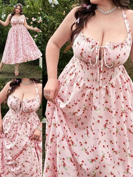 Lyrianda Vestido largo de tirantes Francés estilo elegante y dulce con estampado floral diminuto, con lazo en la cintura, para vacaciones de verano