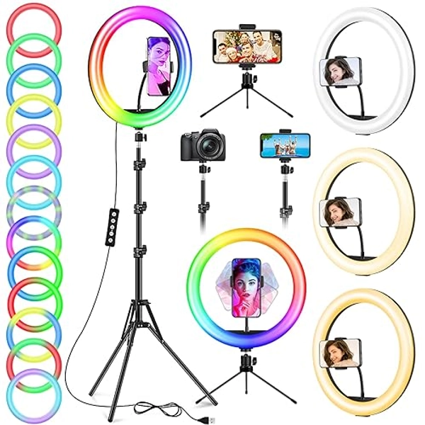 12.6'' Ring Light with Stand and Phone Holder: Totally 74" Tall Led Ringlight Tripod with 40 Color Modes, Floor and Desktop Stand with Circle Lights for Makeup Video Meeting Live Stream (12.6in)