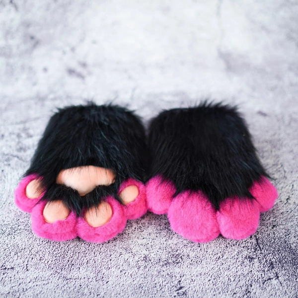 Felroze en zwarte handpoten voor Halloween Verjaardag Kerstmis, harige handschoenen-puppy kitty animal cosplay poot met piep voor tieners dochter