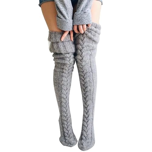 Edhomenn Women's Thigh High Socks Over the Knee Stockings Cable Knit Boot Socks Long Winter Leg Warmers - One Size - 02 Grey