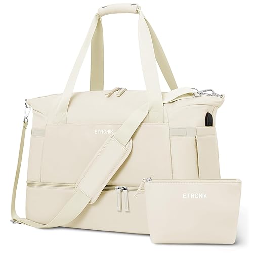 ETRONIK Gym Bag Womens, Sports Travel Duffel Bag with USB Charging Port, Weekend Overnight Bag for Women with Wet Pocket and Shoes Compartment, Hospital Bag, Beige - Beige - M