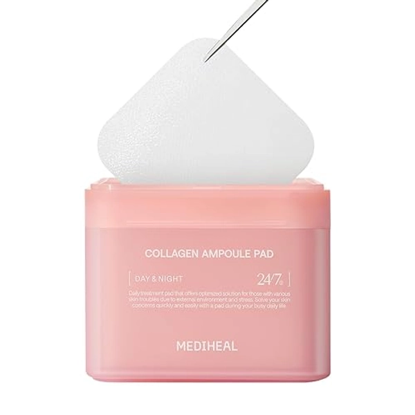 MEDIHEAL Collagen Ampoule Pad β Square Cotton Facial Toner Pads Collagen & Ceramide - Skin Firming & Restore Elasticity - Tighten Wrinkles & Lines - Vegan Eco Silk Wipes, 100 Pads