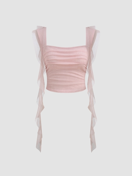 Mesh Square Neck Solid Ruched Ruffle Hem Crop Tank Top