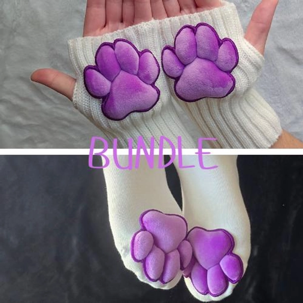 White/Cream Gloves and Thigh High Stockings with Purple Puffy Cat Bean Paw Pads