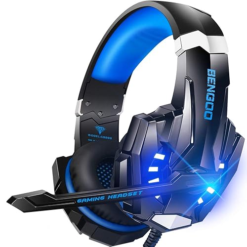 BENGOO G9000 Stereo Gaming Headset for PS4 PC Xbox One PS5 Controller, Noise Cancelling Over Ear Headphones with Mic, LED Light, 7.1 Surround Sound, Soft Memory Earmuffs for Nintendo Xbox Series X|S - Blue