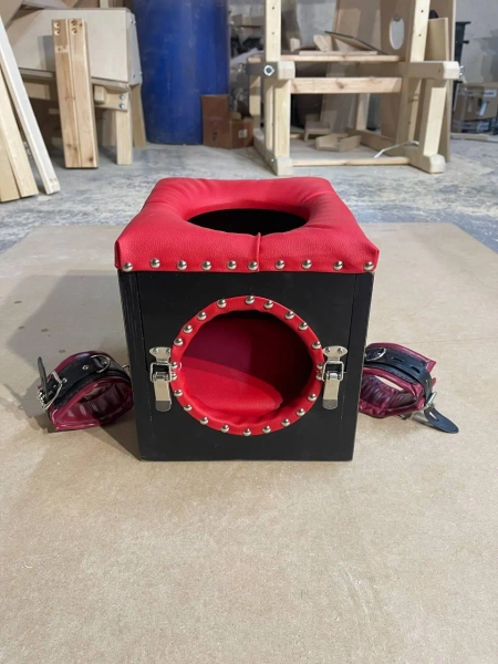 BDSM Head Box with Padding – Sensory Deprivation Bondage Restraint | Wooden Fetish Furniture with Gift Handcuffs