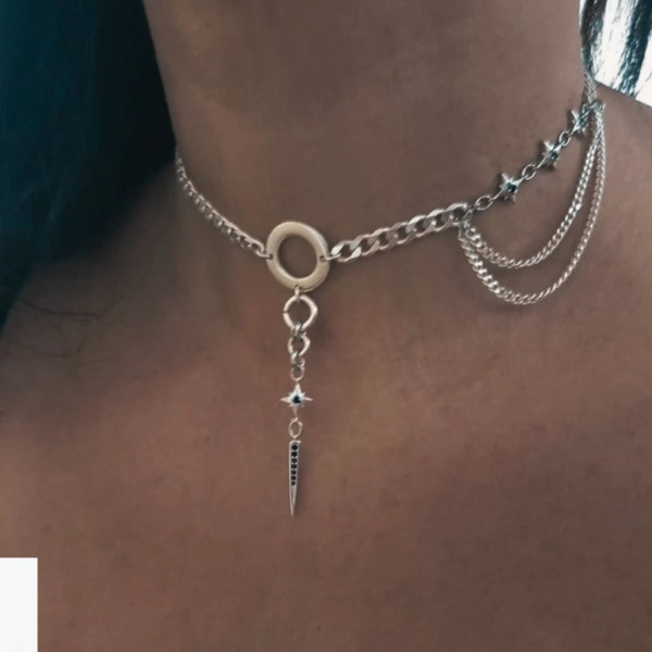 Sterling Silver Spike & Star Charms Choker Necklace - Minimalist Handmade Design - Day collar