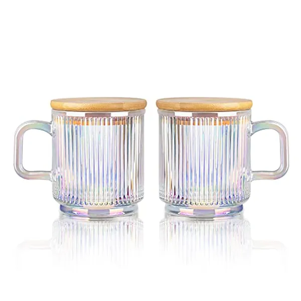 Iridescent Glass Coffee Mugs Set of 2-11.5 oz Striped Coffee Cups with Lid - Large Drinking Glasses with Handle for Latte, Coffee, Tea, Milk, Juice
