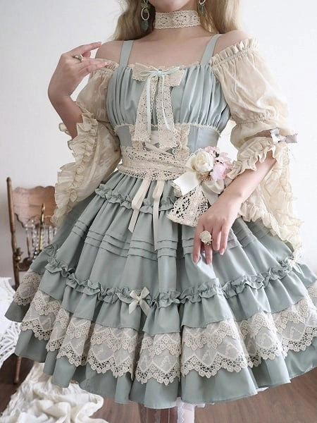 [$45.41]Light Green Pleated and Ruffle Trim Skirt Summer Lolita Jumper Skirt