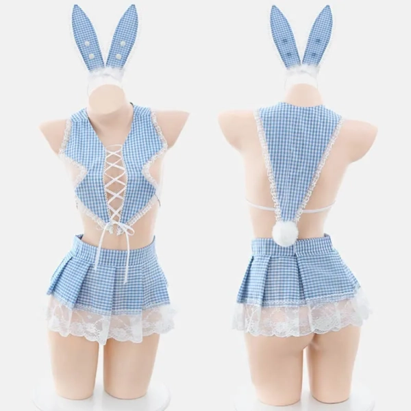 Cosplay Rabbit Lattice Print Top Short Skirt Lingerie Set