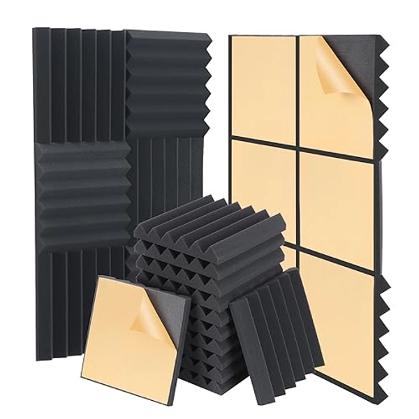 AUSLET 24 Pack Sound Proofing Panels with Self Adhesive 12" x 12" x 2" High Density Acoustic Wall Panels Sound Absorbing Foam for Recording Studio Home Office