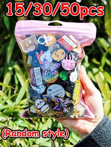 15/30/50/70/100pcs Random Brooch Mixed Pack, Alloy Metal Pins & Badges, Animal, Fruit, Vegetable, Cartoon, Letter Pattern, Including Hidden/Rare Styles, Cute, Elegant, Casual Designs, Applicable For Multi-Occasions, Decorating Shoes, Bags, Clothes, Wonderful Gift For Adults & Kids