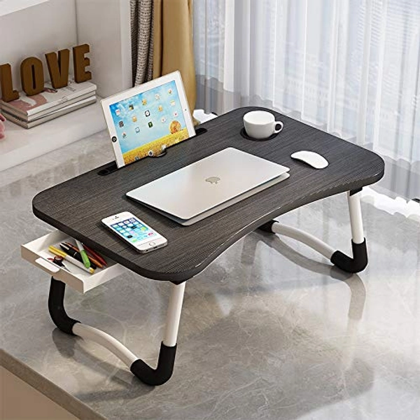 Lap Desk with Storage Drawer, Cup and Phone Holder, Laptop Bed Tray Table, 23.6" Foldable Laptop Desk, Laptop Stand for Working, Writing, Gaming and Drawing (23.62", Black)