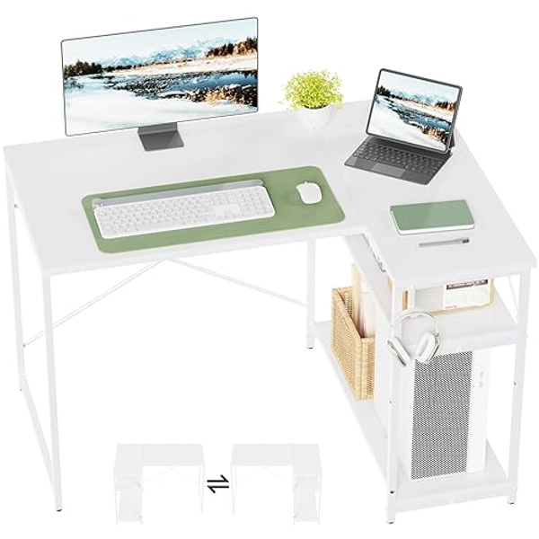 TRIUMPHKEY Scrivania ad Angolo Reversibile 110 x 80cm, Scrivania a Forma di L con Ripiani,Tavolo da Lavoro,Struttura in Acciaio, per Computer, Ufficio, Studio and Soggiorno, Bianco