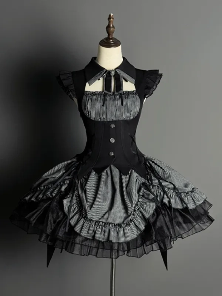 [$89.00]Gray and Black Boned Waist Drawstring Striped Pattern Hem Halloween Gothic Lolita Dress