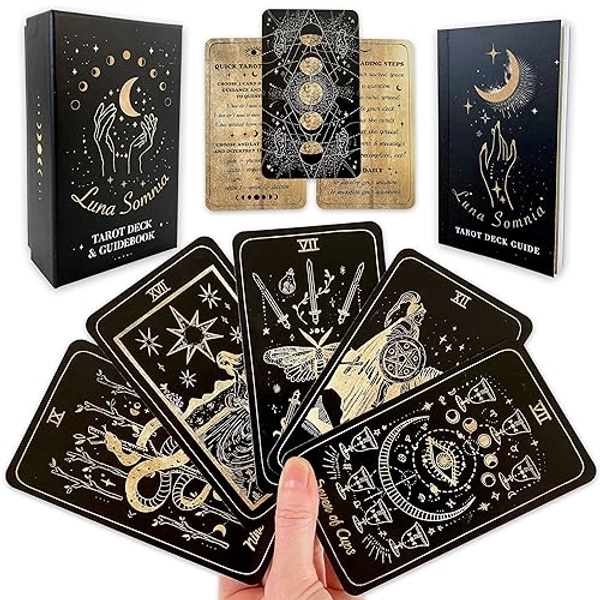 Shores Of Moon Luna Somnia Tarot Deck with Guidebook & Box - 78 Cards Complete Full Deck Starry Dreams Celestial Astrology Witchy Black Divination Tool