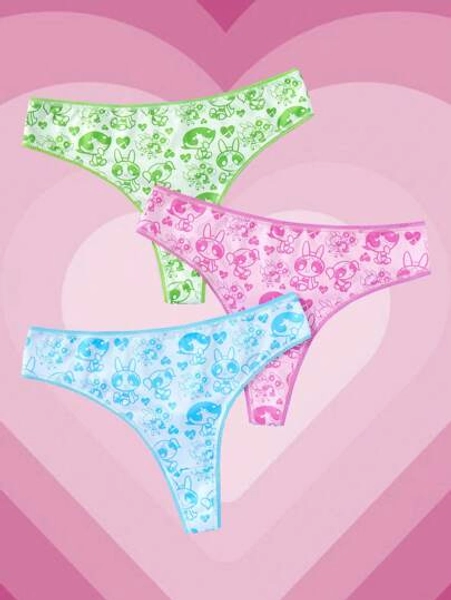 THE POWERPUFF GIRLS X SHEIN 3pcs Women's Plus Size Pink, Blue, Green, Cute Cartoon Blossom, Bubbles, Buttercup Character Print Briefs,,Thongs,Comfy, Bacis, Sexy