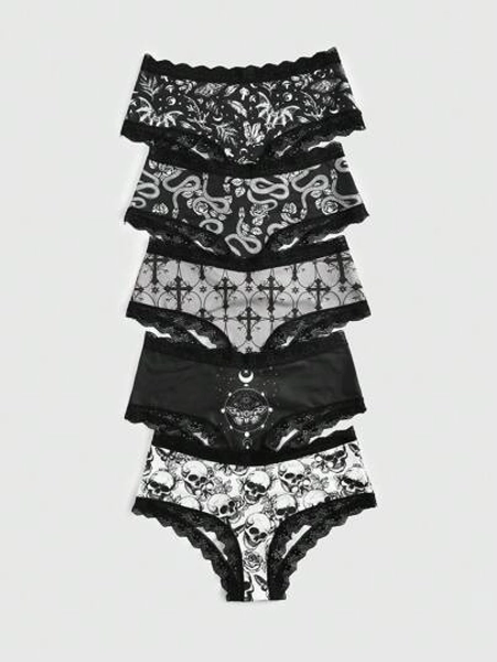 ROMWE Goth 6pack Floral Lace Scallop Trim Panty