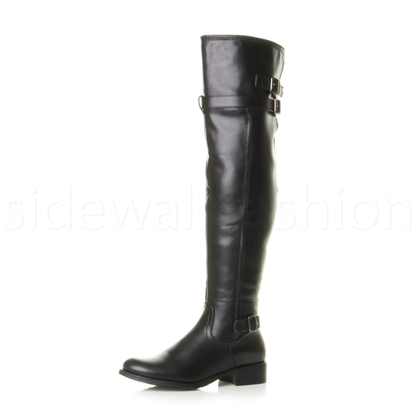 Womens ladies low heel flat winter zip over the knee biker riding boots size