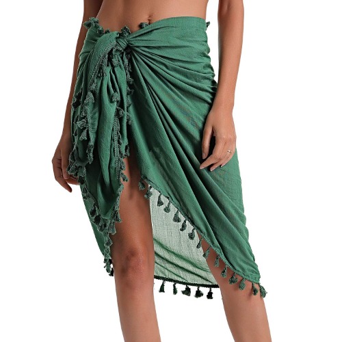 Eicolorte Beach Sarong Pareo Womens Semi-Sheer Swimwear Cover Ups Short Skirt with Tassels - 017-blackish Green-short
