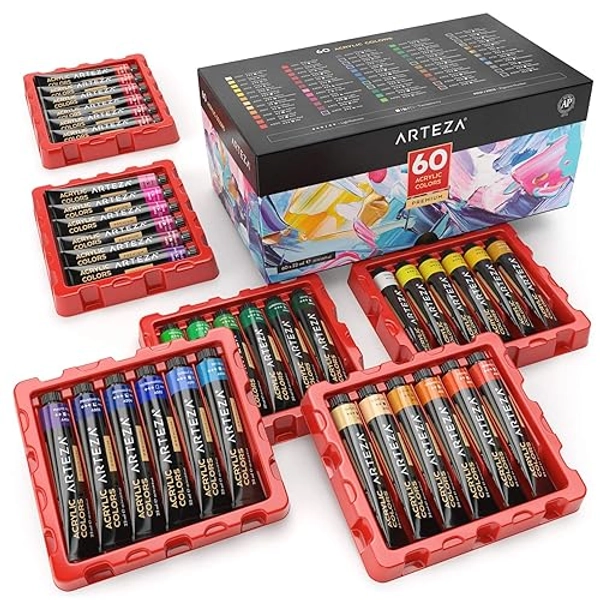 ARTEZA Acrylic Paint Set of 60 Colors, 0.74 ounces Tubes, 5 Metallic Colors Acrylic Paints, Non-Toxic Artist Paints. Art Supplies for Painting