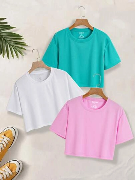 INAWLY Women's Summer 3-Piece Set Of Solid Color Crop-Sleeved Cropped T-Shirts With Round Neckline