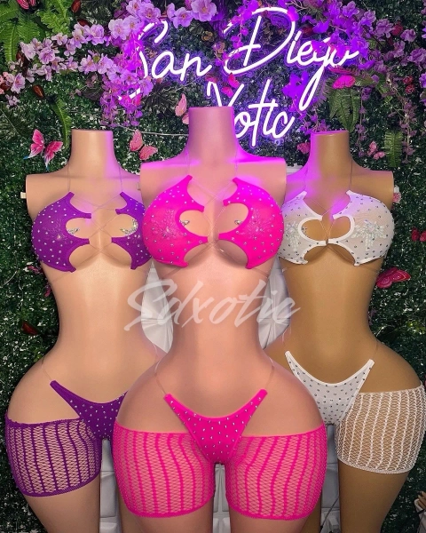 Exotic Dancewear Set 3 Piece Mesh Rhinestone Stripper Outfit “Riyah”