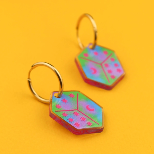 Galaxy Dice Earrings. Green D6 with Pink Stars. Recycled Acrylic Dice Charm.