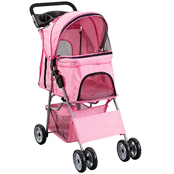 VIVO Pink 4 Wheel Pet Stroller for Cat, Dog and More, Foldable Carrier Strolling Cart, STROLR-V001N