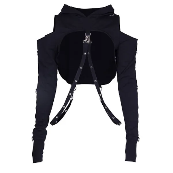 Womens Goth Punk Iron Chain Strap Hooded Crop Tops Cotton Black Hoodie Pullover Sweatshirt