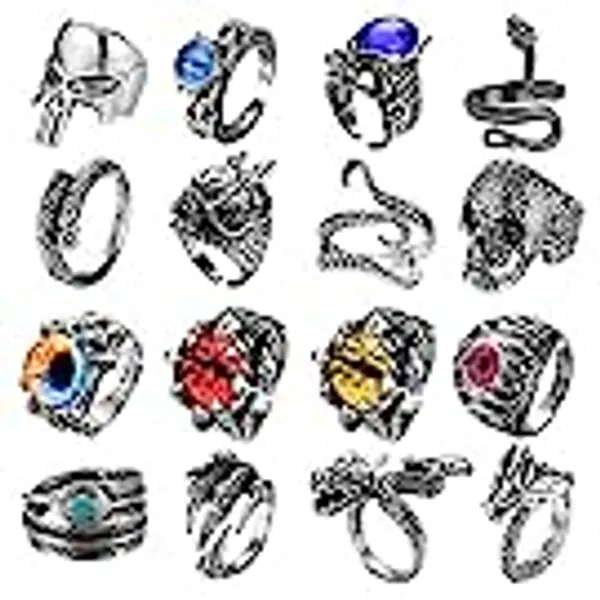 FIBO STEEL 16 Pieces Vintage Punk Rings for Men Women Gothic Rings Silver Black Dragon Snake Claw Skull Octopus Eyes of Hell Open Adjustable Rings Set
