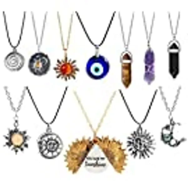 YIISIIY 12 Pcs Crystal Pendant Necklace Evil Eye Necklace Sunflower Necklace Moon and Sun Hippie Necklace Indie Aesthetic Jewelry Accessories Set for Women Men Girls