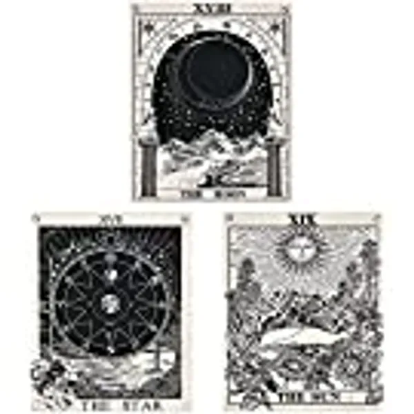 Pack of 3 Tarot Tapestry The Sun The Moon The Star Tarot Card Tapestry Medieval Europe Divination Tapestry Mysterious Tapestries for Room with Rustproof Grommets, Seamless Nails (11.8 x 15.7 inches)