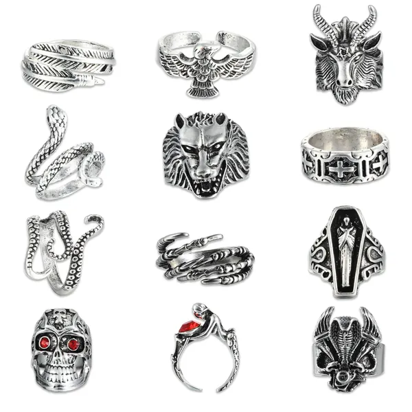 Subiceto 12Pcs Vintage Punk Rings for Men Women Octopus Dragon Claw Skull Snake Ring Open Adjustable Cool Gothic Ring Set Jewelry