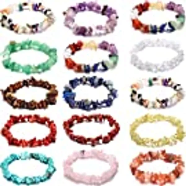 Hicarer 15 Pieces Crystal Chip Bracelets Set Natural Gemstone Bracelets Crystal Stretch Bracelets Irregular Chips Beads Bracelet for Women Girls