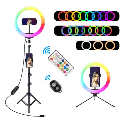 10" RGB Selfie Ring Light, SRUIM Desktop RGB Flash Ring Light with Tripod Stand & Cell Phone Holder, LED Dimmable Desktop Beauty Selfie Light for YouTube Video, Live Stream, Makeup