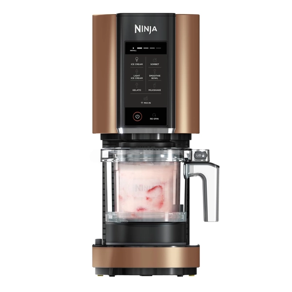 Ninja CREAMi glass- och frysta dessertmaskin med 3 behållare, 7 program för glass, gelato, sorbet, smoothiebowl, milkshakes och mer, lagar 1,4 liter glass, svart & koppar, NC300EUCP